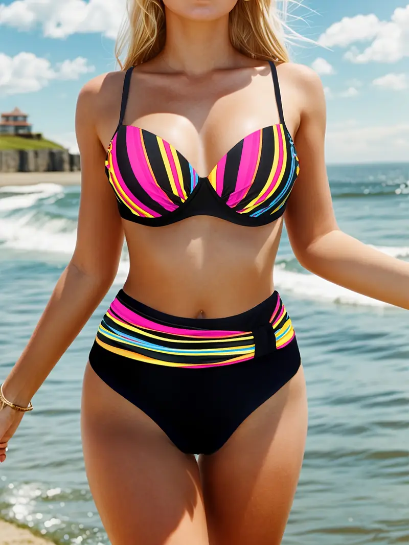 WOMEN'S COLORFUL STRIPED 2-PIECE SWIMWEAR SET - Image 2