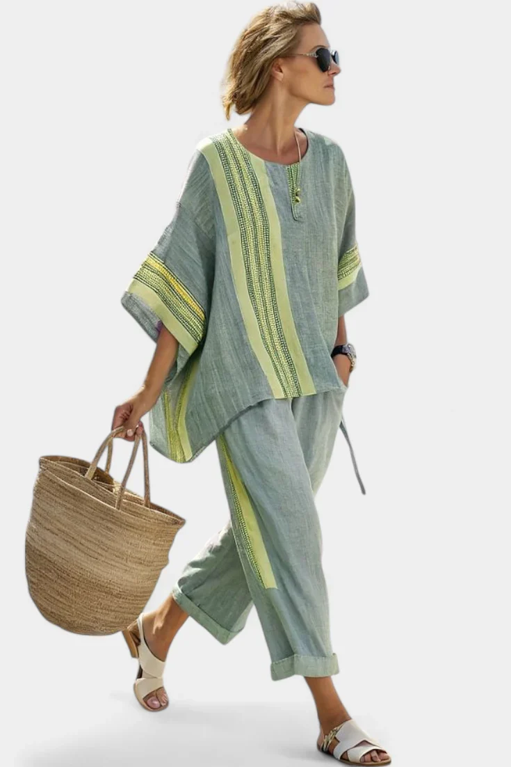 ELOWRIC™ ELEGANT LAVENDER TOP & MUSTARD STRIPED PANTS - Image 2