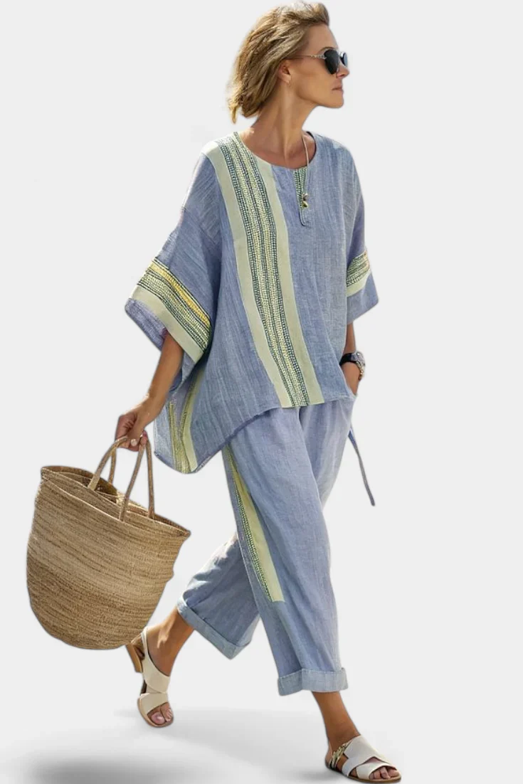 ELOWRIC™ ELEGANT LAVENDER TOP & MUSTARD STRIPED PANTS - Image 3