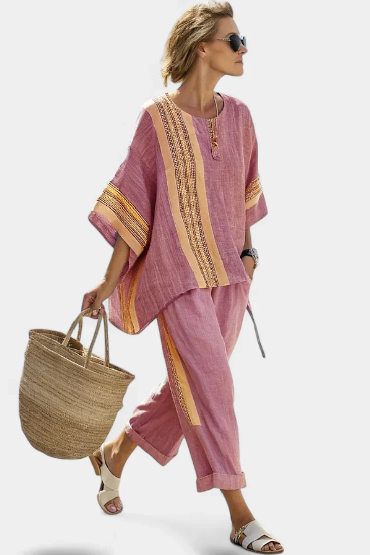 ELOWRIC™ ELEGANT LAVENDER TOP & MUSTARD STRIPED PANTS - Image 4