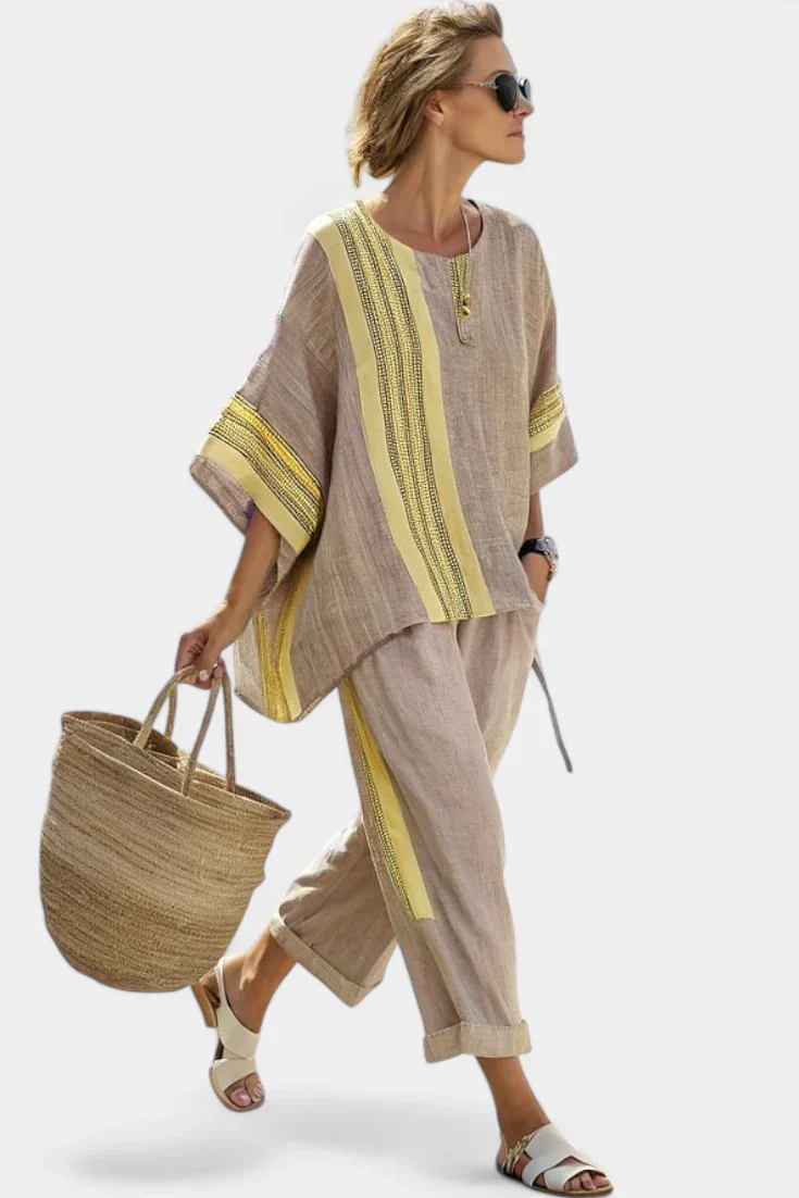 ELOWRIC™ ELEGANT LAVENDER TOP & MUSTARD STRIPED PANTS - Image 5