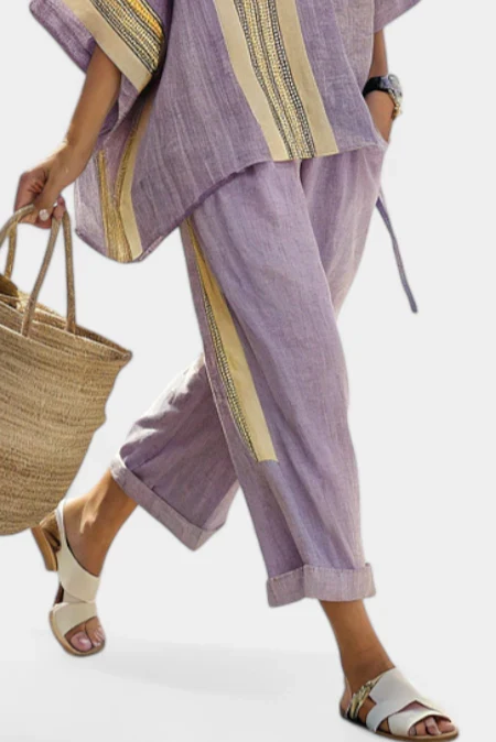 ELOWRIC™ ELEGANT LAVENDER TOP & MUSTARD STRIPED PANTS - Image 6