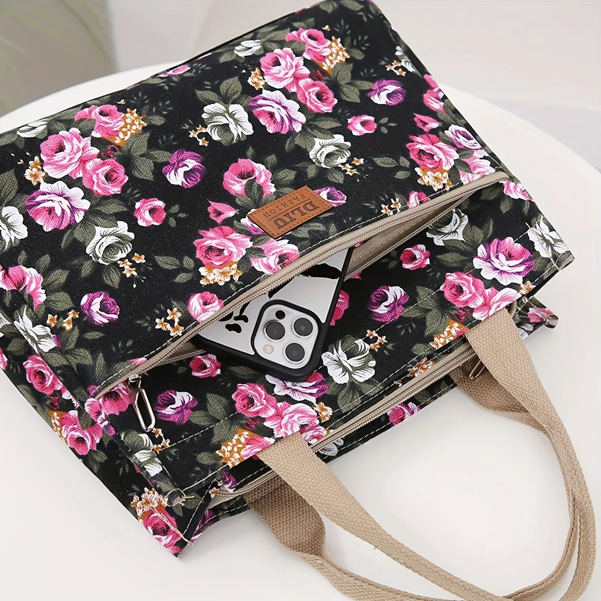 FLORA BLOOM™ — DURABLE FLORAL PRINT TOTE BAG WITH ZIP CLOSURE - Image 3