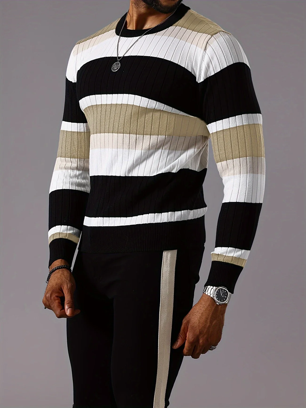 LINECRAFT EDGE™ — MEN’S STRIPED COLOR-BLOCK RIBBED KNIT SWEATER - Image 3