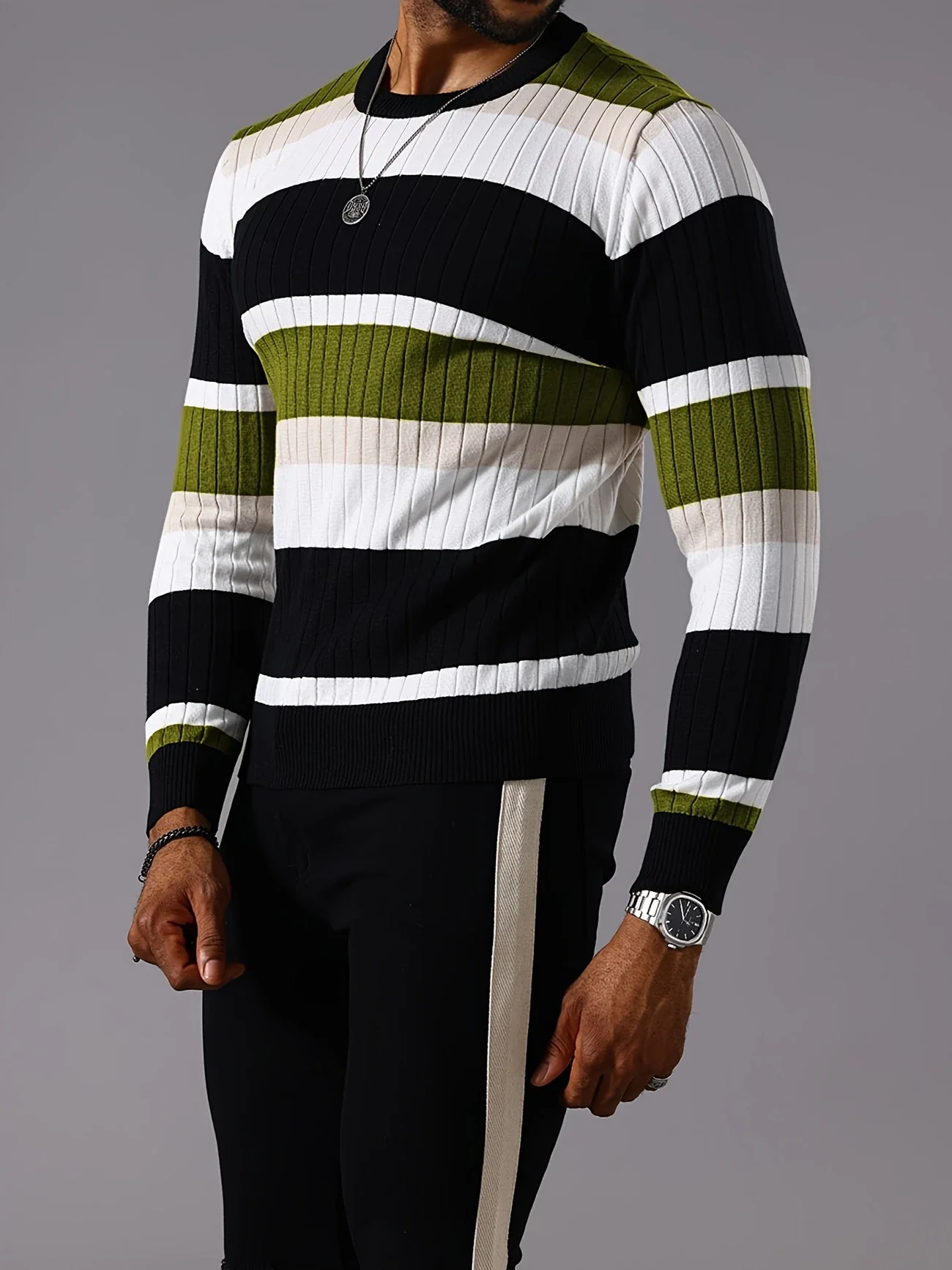 LINECRAFT EDGE™ — MEN’S STRIPED COLOR-BLOCK RIBBED KNIT SWEATER - Image 4