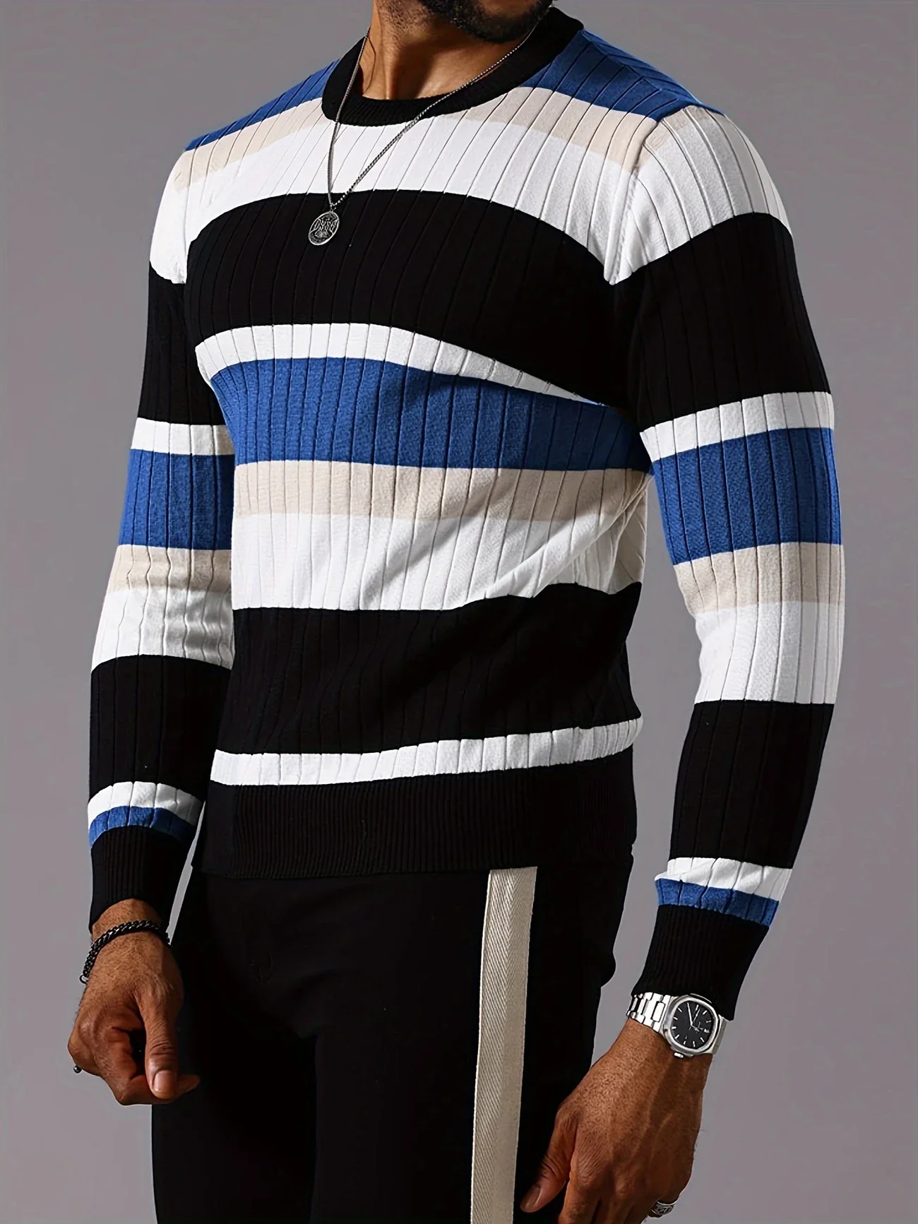 LINECRAFT EDGE™ — MEN’S STRIPED COLOR-BLOCK RIBBED KNIT SWEATER - Image 5