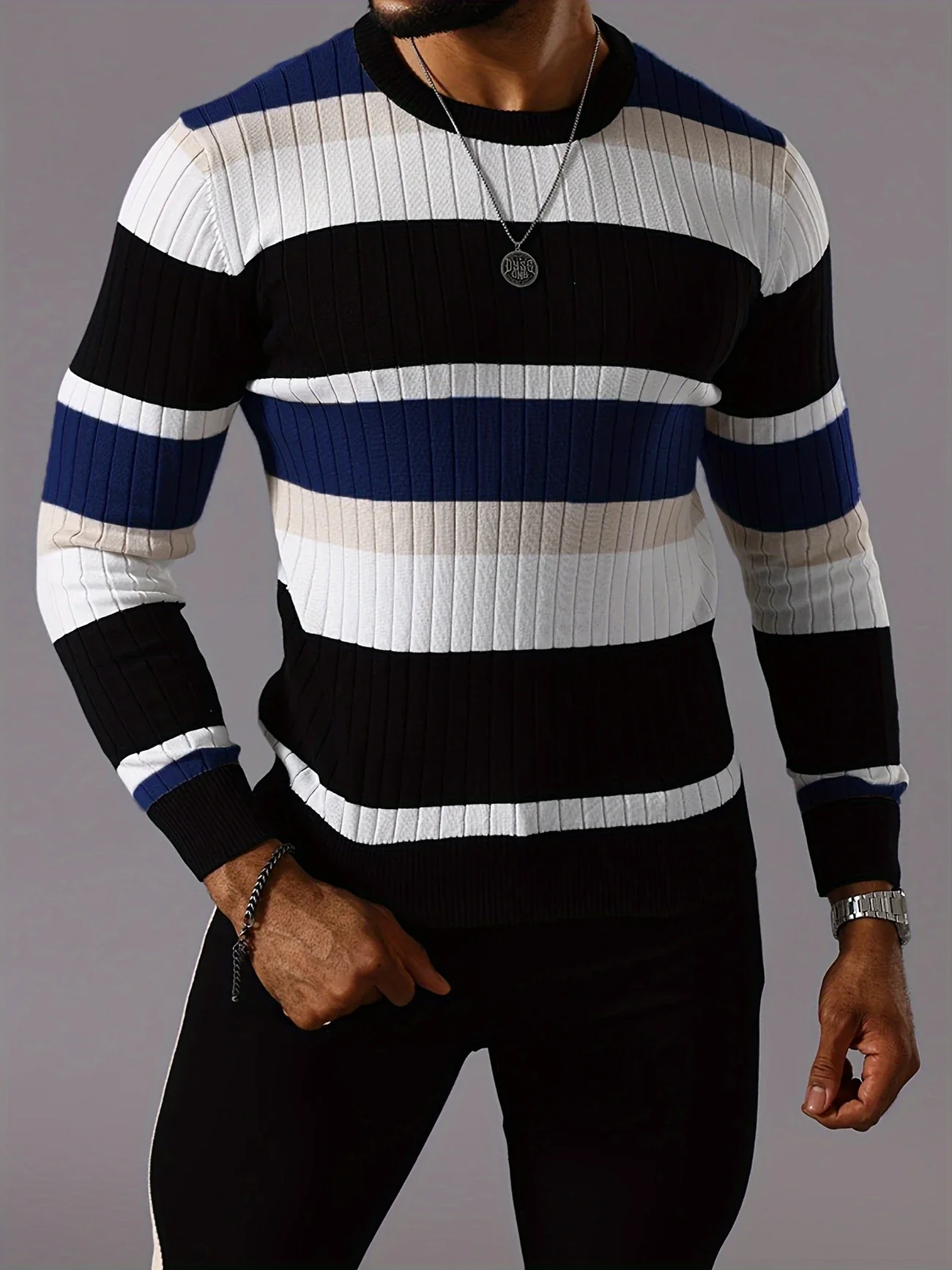 LINECRAFT EDGE™ — MEN’S STRIPED COLOR-BLOCK RIBBED KNIT SWEATER - Image 9