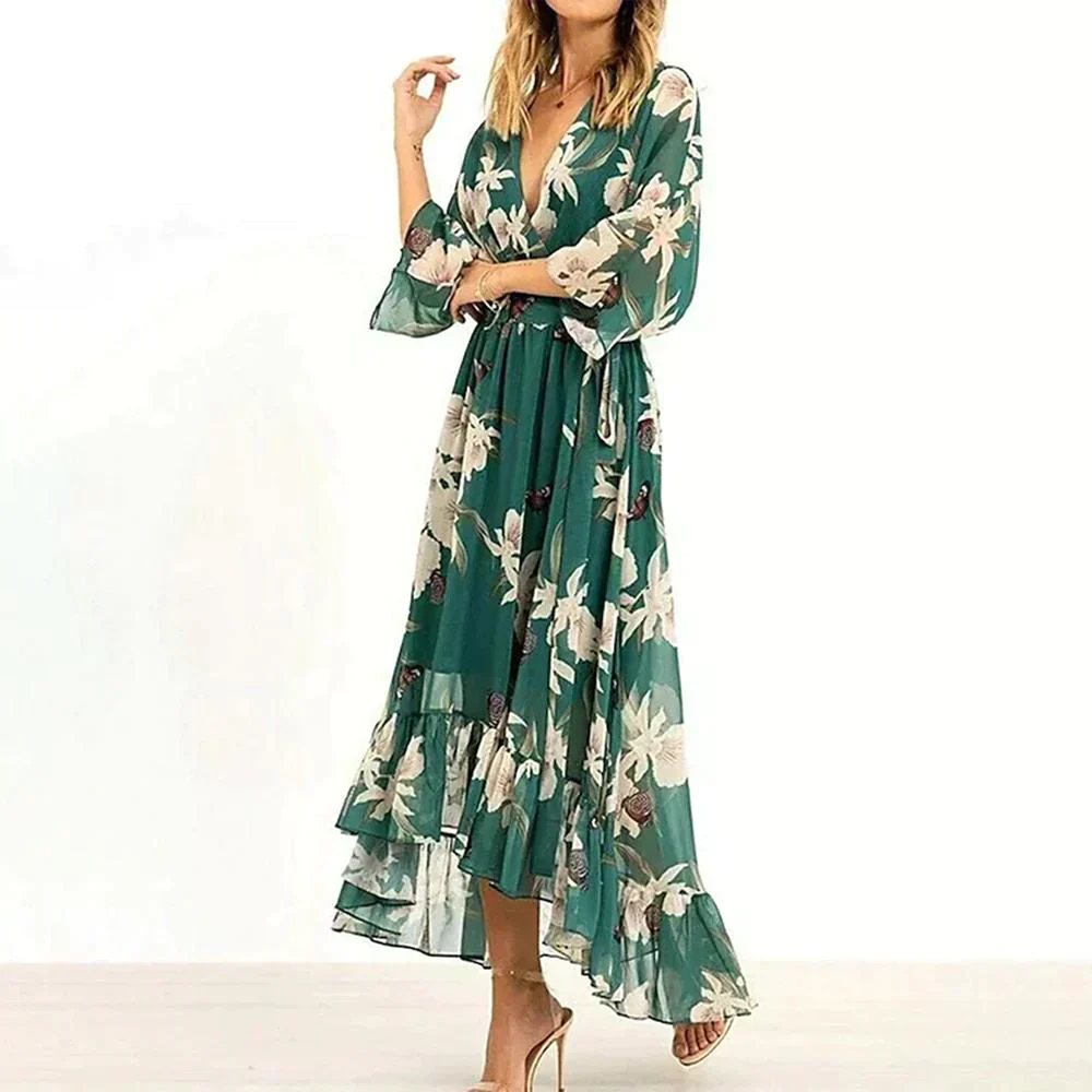 MARZELLA™ – GREEN PRINT DRESS WITH 3/4 SLEEVES AND V-NECK - Image 3