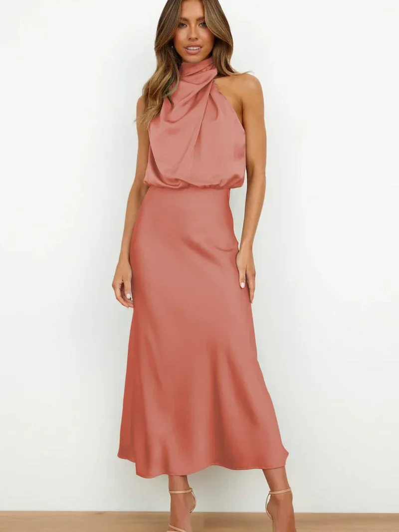 SLEEVELESS LONG DRESS WITH ASYMMETRICAL NECKLINE AND REFINED STYLE - Image 6