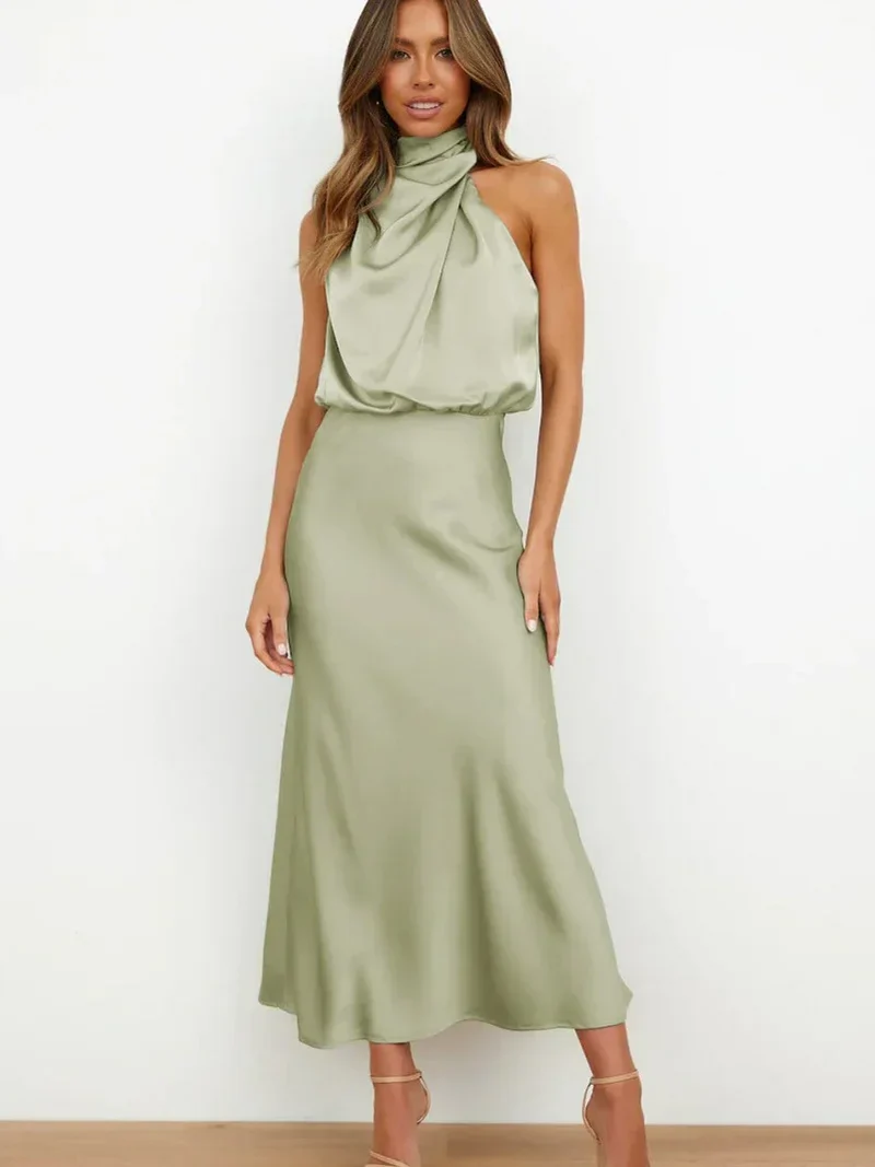 SLEEVELESS LONG DRESS WITH ASYMMETRICAL NECKLINE AND REFINED STYLE - Image 8