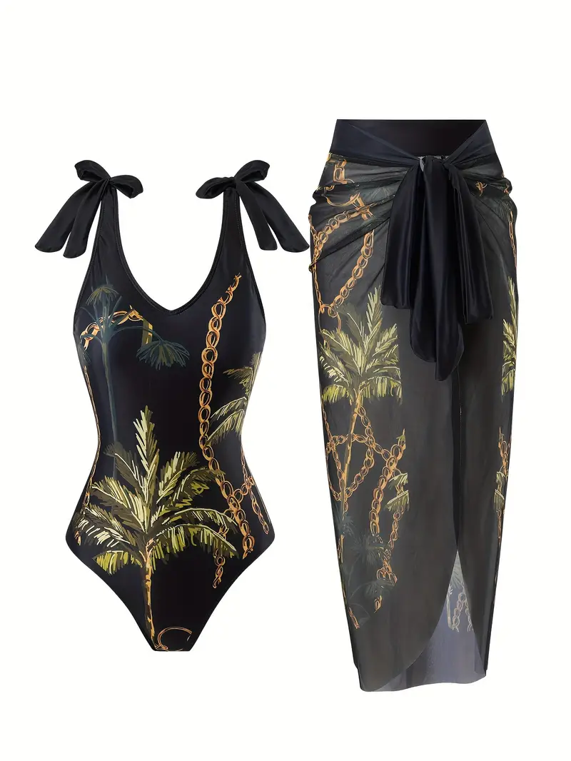WOMEN'S PALM PRINT MESH SKIRT TWO-PIECE SWIMSUIT SET - Image 3